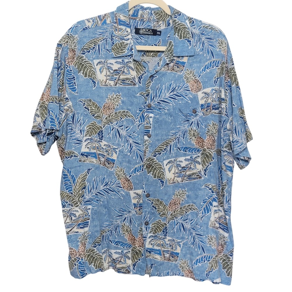 Boca Classics Button Down Up XXL Blue Pineapple Tropical Rayon Hawaiian Island